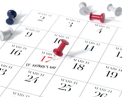 Calendar with Red Pushpin. St. Patrick's Day Concept Using White Calendar with Red Pushpin. St. Patrick's Day Concept Using White Background. 3d Rendering